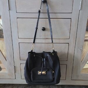 Calvin Klein Belfast Black Drawstring Nylon Bucket Bag with Front Pocket